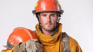 A man in a fireman's uniform holding a helmet photo