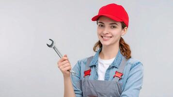 A woman in a red hat holding a wrench photo