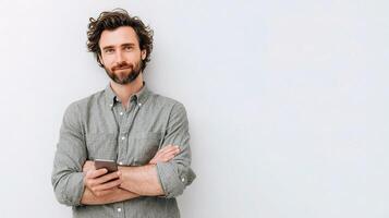A man with a beard and a shirt standing in front of a white wall photo
