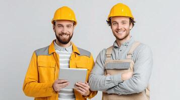 Two construction workers holding a tablet computer photo