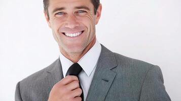 A man in a suit is smiling and adjusting his tie photo