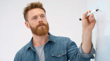 A bearded man with a beard writing on a white board photo