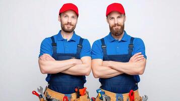 Two men in overalls with tools photo