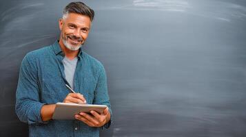 A man is writing on a tablet while standing in front of a blackboard photo