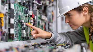 A woman in a hard hat pointing at a circuit board photo