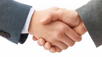 Two business people shaking hands on a white background photo