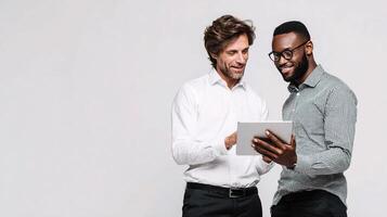 Two men in business attire looking at a tablet photo