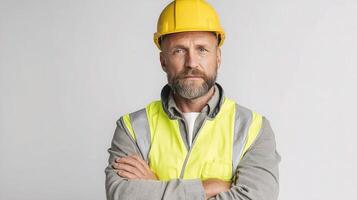 A man in a hard hat and vest standing with his arms crossed photo