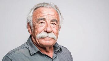 An older man with a mustache and gray shirt photo