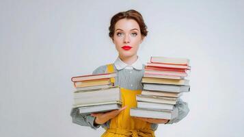 A woman holding a stack of books photo
