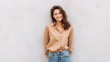 A woman in jeans and a tan shirt smiling photo