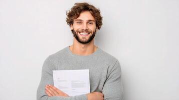 A man holding a piece of paper and smiling photo