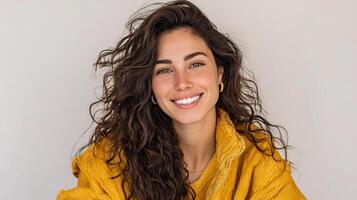 A woman with long curly hair smiling photo