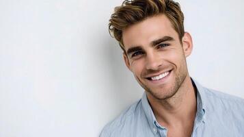 A man with a smile is standing in front of a white wall photo