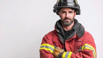 A man in a fireman's uniform is standing with his arms crossed photo