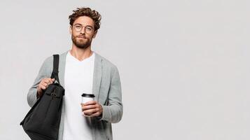 A man with glasses and a beard holding a black bag photo