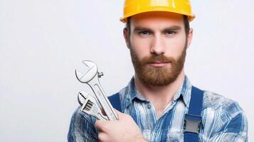A man with a beard and a hard hat holding a wrench photo