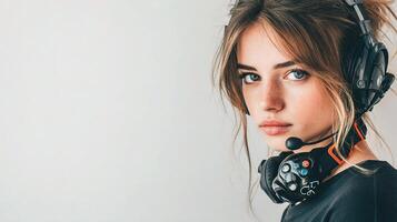 A woman wearing a headset and headphones photo