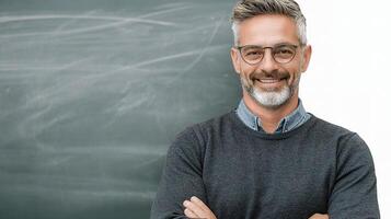 A man with glasses and a beard standing in front of a chalkboard photo