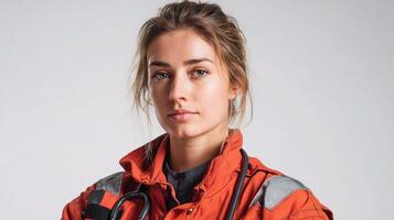 A woman in an orange jacket and a stethoscope photo