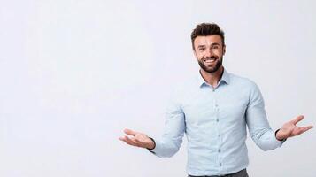 A man is standing with his hands open and smiling photo