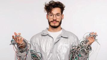 A man with glasses and a silver jacket holding a bunch of wires photo