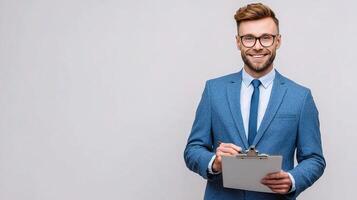 A man in a suit and glasses holding a clipboard photo