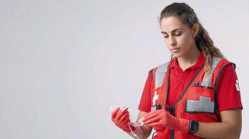 A woman in red vest holding a piece of paper photo