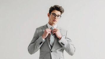 A man in glasses and a suit adjusting his tie photo