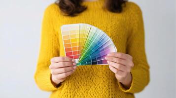 A woman holding a color swatch in her hands photo