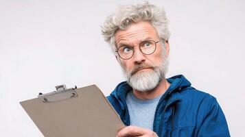 An old man with glasses and a beard holding a clipboard photo