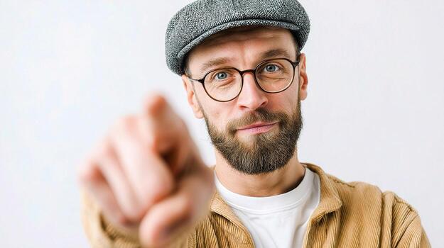A man with glasses and a hat pointing at the camera photo