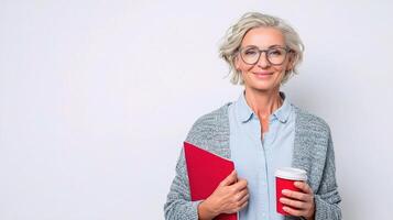 A woman with glasses holding a red folder and a cup of coffee photo