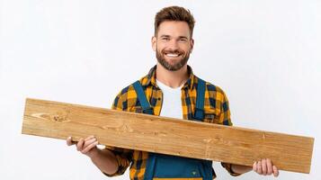 A smiling man holding a wooden plank photo