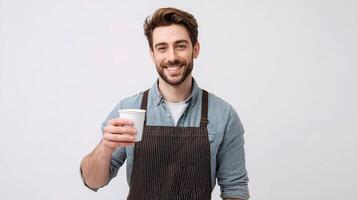 A man in an apron holding a cup of coffee photo