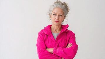 An older woman in a pink jacket standing with her arms crossed photo