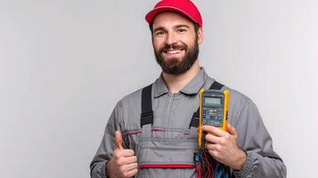 A man in a red hat and overalls holding a multimeter photo