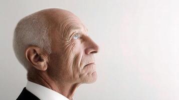 An older man in a suit and tie looking up photo