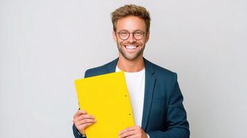 Portrait of smiling young man holding yellow folder over gray background photo