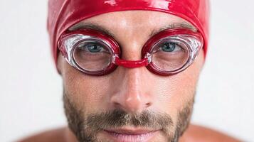 A man wearing a red swimming cap and goggles photo