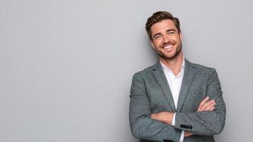 A man in a suit is smiling and standing with his arms crossed photo