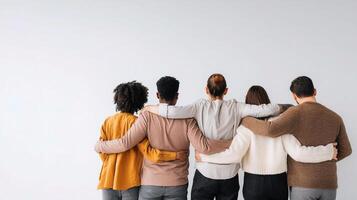 Back view of a group of people hugging photo
