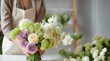 A woman is holding a bouquet of flowers photo
