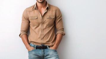 Handsome young man in tan shirt and jeans standing against white background photo