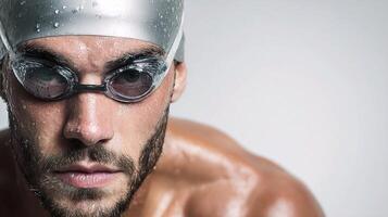 A man wearing a swim cap and goggles photo