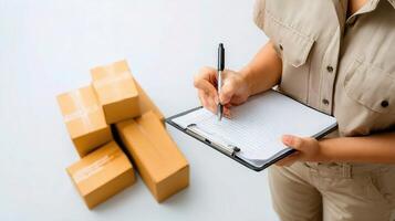 A woman in uniform is writing on a clipboard with a pen and a box of packages photo