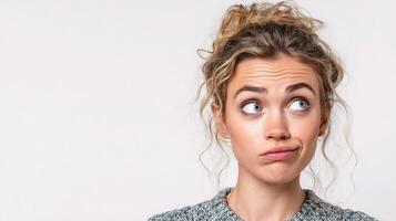A woman with a confused expression looking up photo