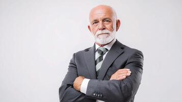 An older man in a suit and tie standing with his arms crossed photo