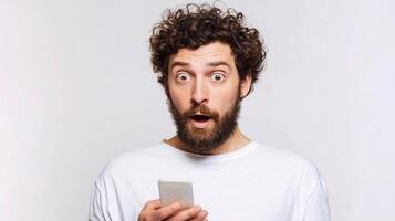 Surprised man with a smartphone on white background photo