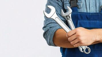 A man in overalls holding two wrenches photo